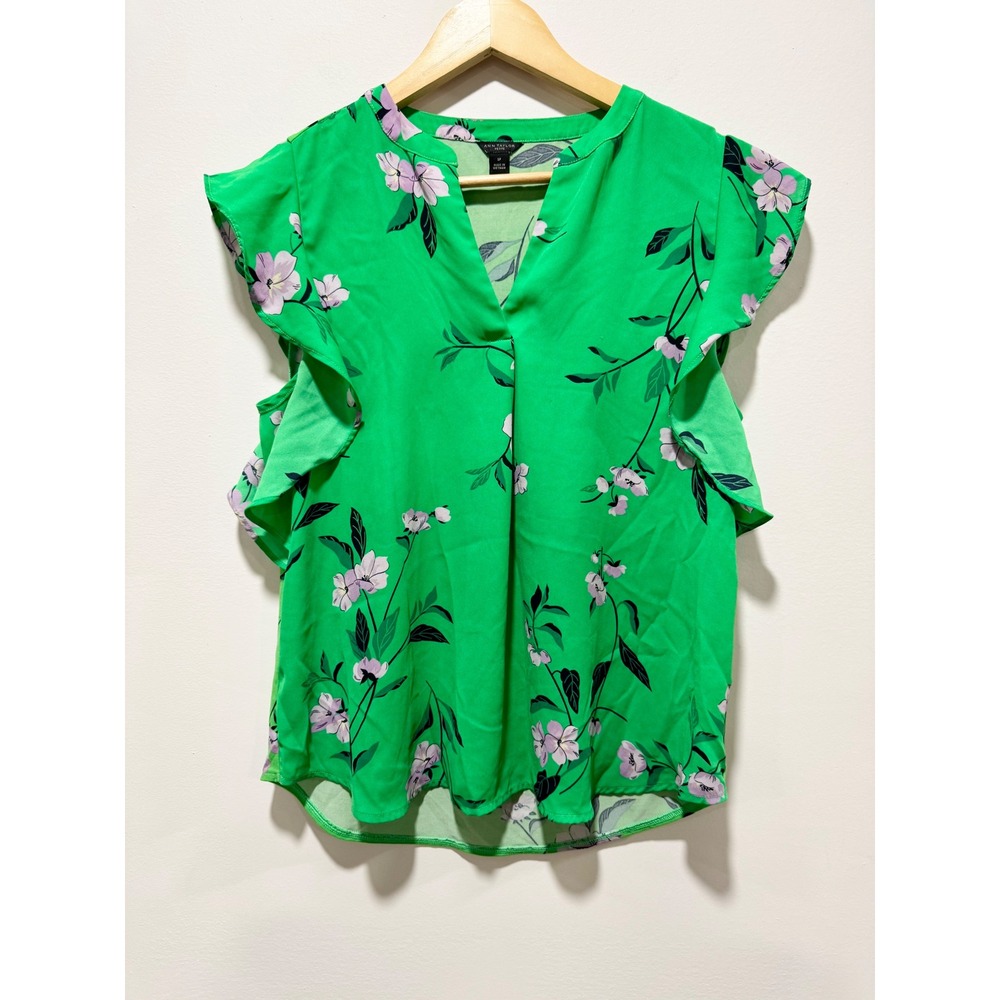 Ann Taylor Green Floral Ruffle Cap Sleeve Split V-Neck Blouse Petite Small SP